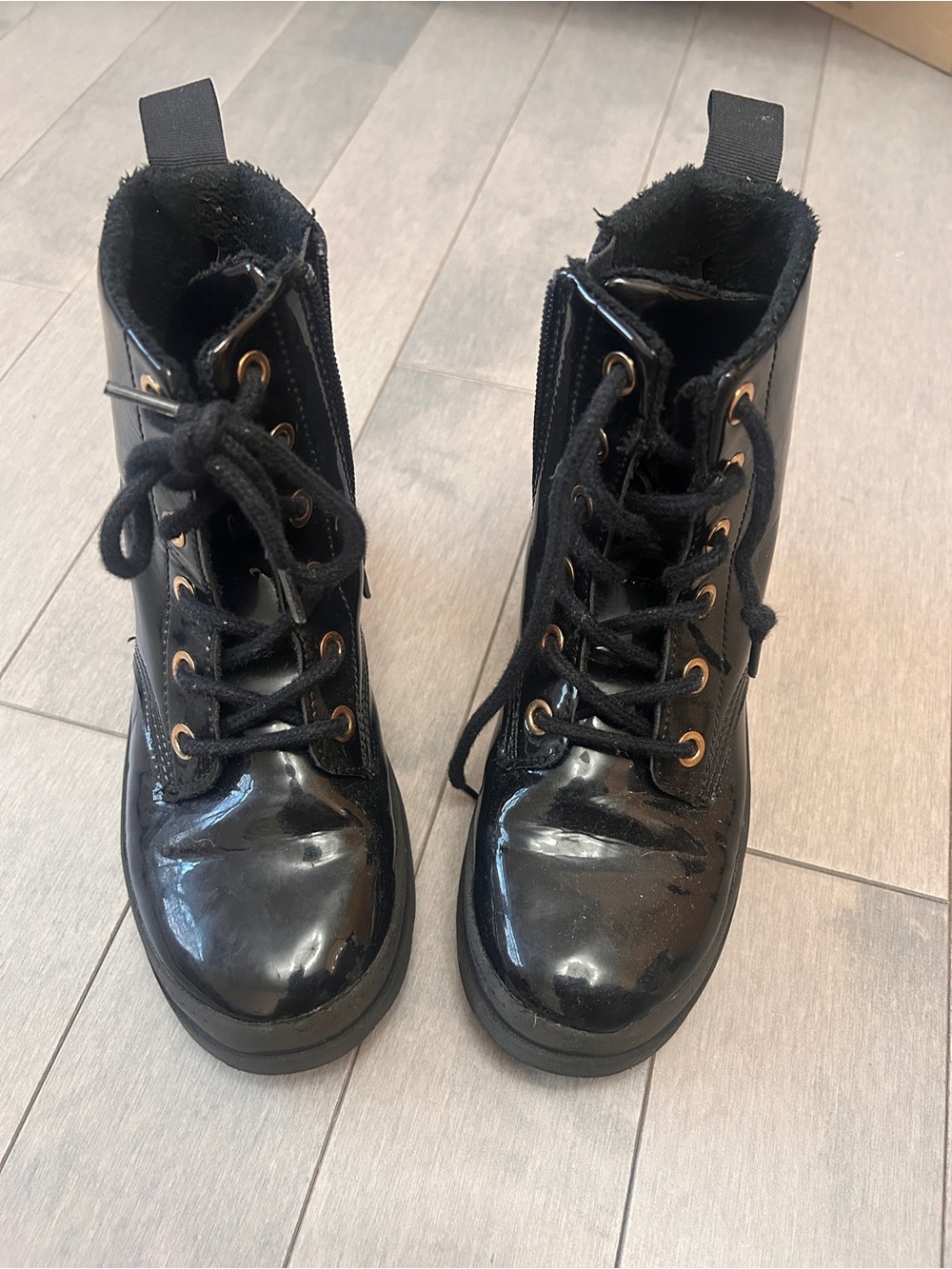 H&M Black Patent Lace-Up Kids Boots with Gold Eyelets